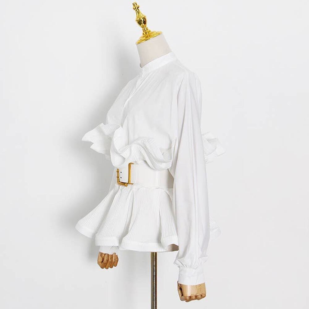 Spring Ruffle Belted Top with Stand Collar - Picture 2 of 14